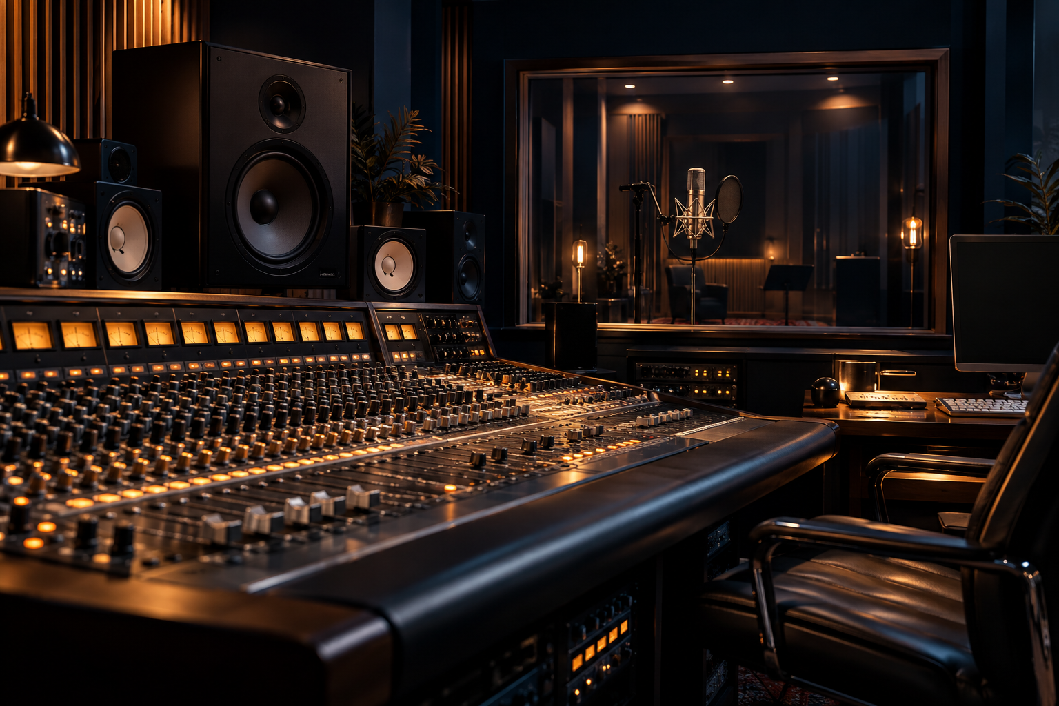 Gestaltetes Stimmungsbild eines professionellen Tonstudios mit Mischpult und Aufnahmeraum